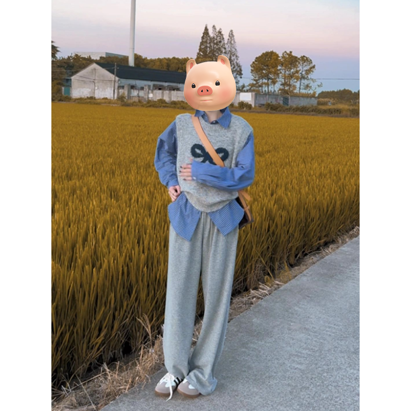 灰色蝴蝶结针织马甲背心女2025秋季新款宽松叠穿圆领毛衣马夹上衣