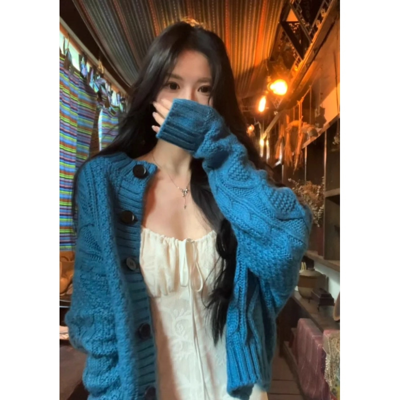 韩系早秋蓝连帽拉链麻花毛衣开衫