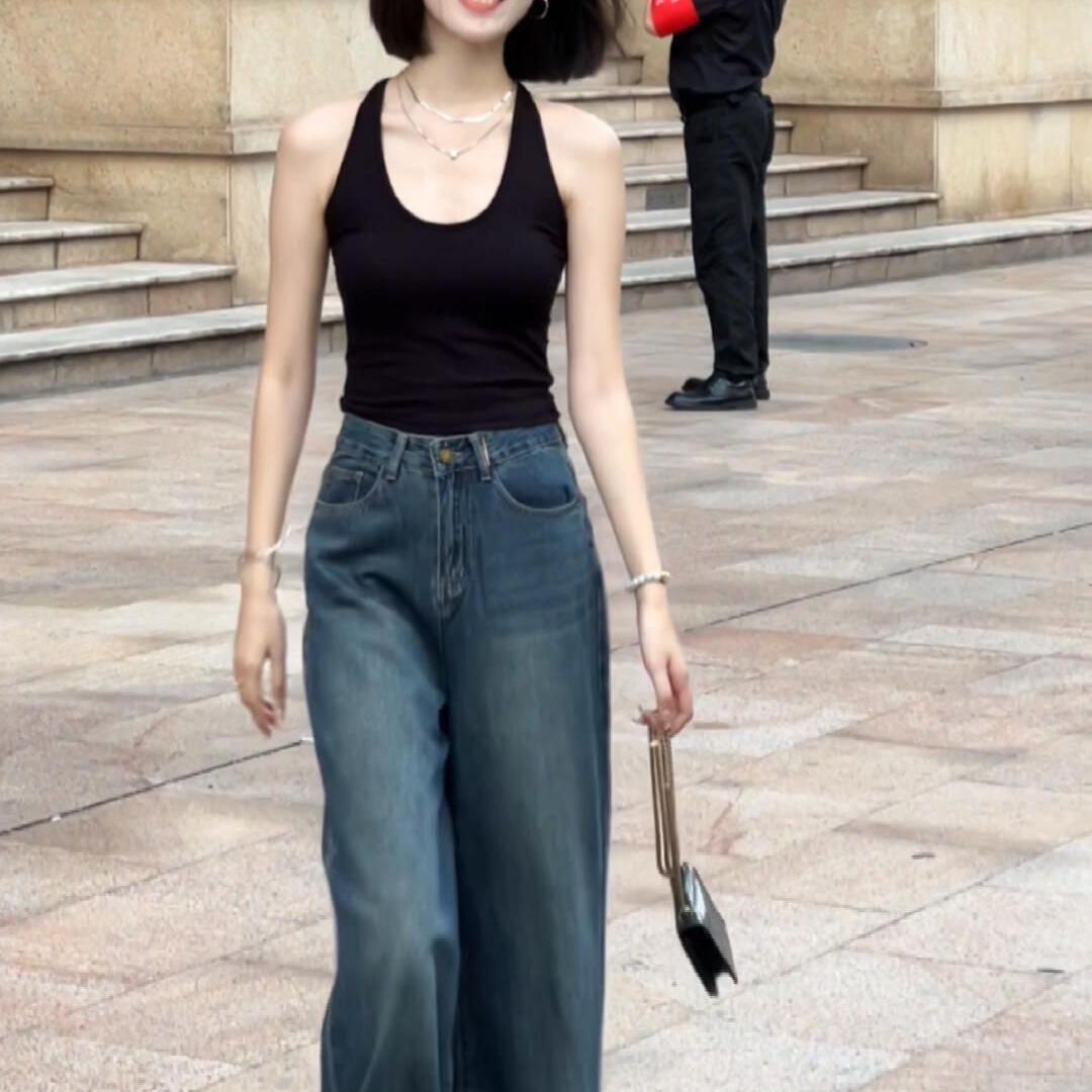 黑色挂脖工字吊带背心女夏外穿2025新款修身内搭辣妹短款无袖上衣