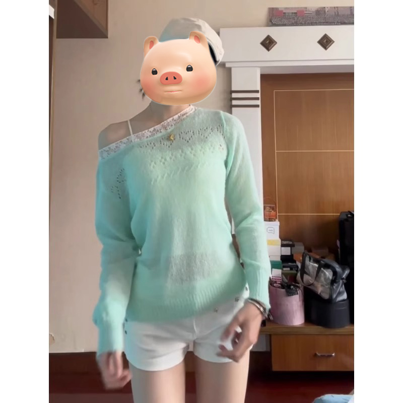 绿色镂空蕾丝拼接冰丝长袖针织衫女夏季薄款外搭防晒空调罩衫上衣