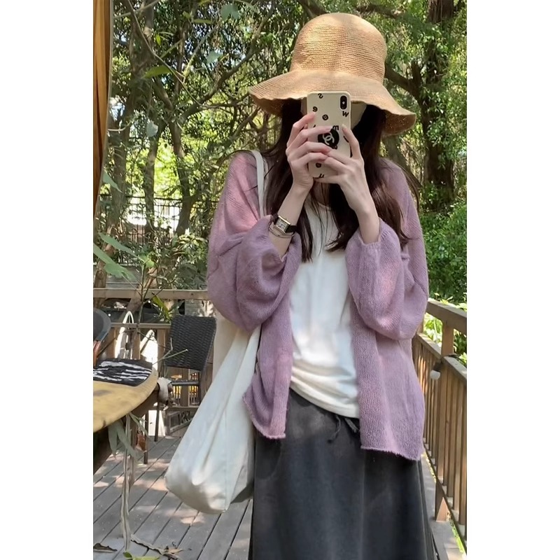 紫色冰丝防晒针织开衫女夏季宽松薄款外搭开春ootd多巴胺穿搭上衣