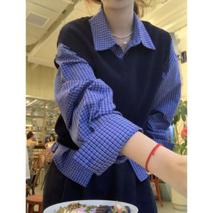早秋穿搭套装2024初秋季新款女装叠穿针织毛衣马甲背心衬衫两件套