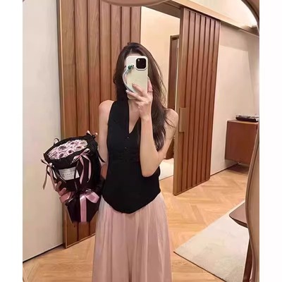 黑色V领冰丝针织吊带背心女夏外穿设计感小众小个子修身无袖上衣