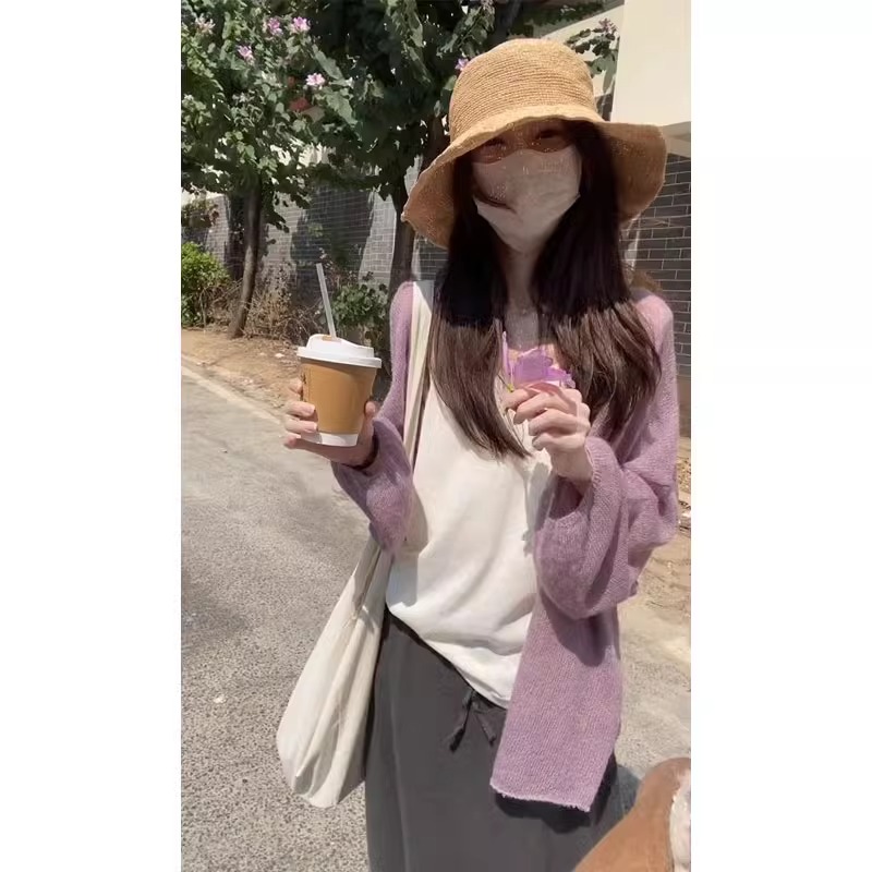 紫色冰丝防晒针织开衫外套女夏季薄款外搭空调衫chic韩系穿搭上衣