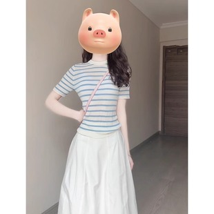 蓝色条纹正肩冰丝针织短袖 上衣 T恤女夏季 超好看独特漂亮初夏短款