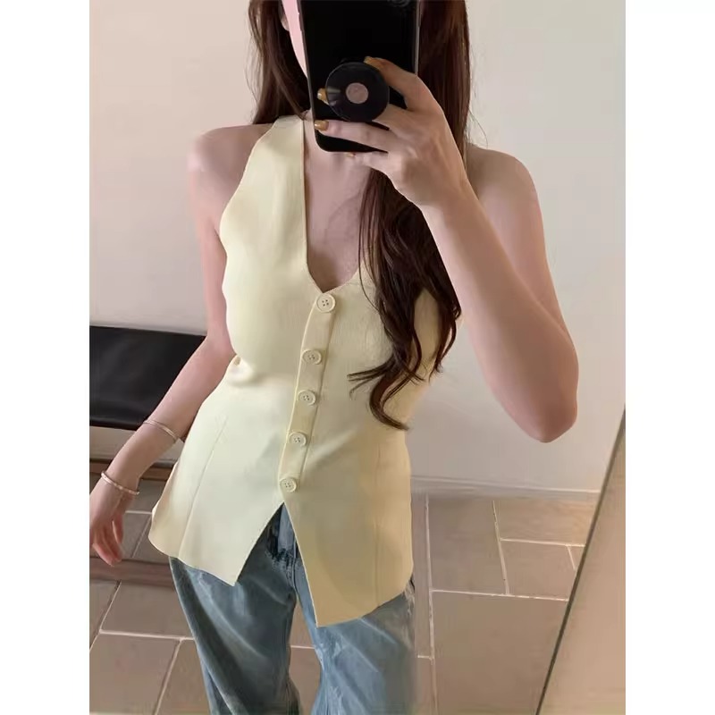 黄色V领冰丝针织马甲背心女夏季外穿修身设计感短款开叉无袖上衣