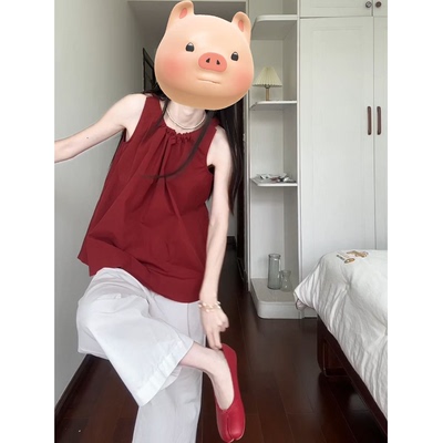 红色无袖吊带背心娃娃衫小上衣