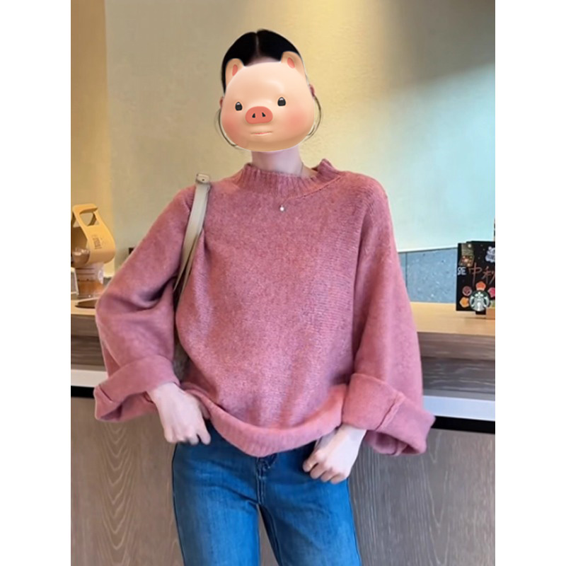 巨好看的粉色圆领套头毛衣女秋冬