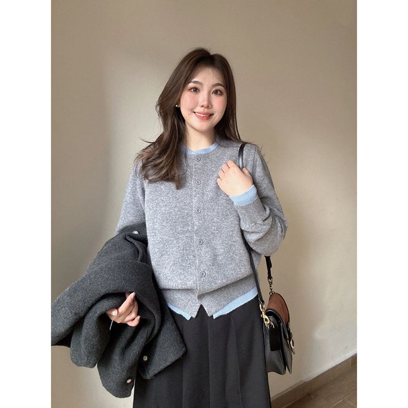 灰色假两件毛衣开衫女2025初早春季新款韩系穿搭针织外套长袖上衣