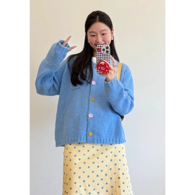彩色纽扣蓝色长袖针织开衫女秋冬