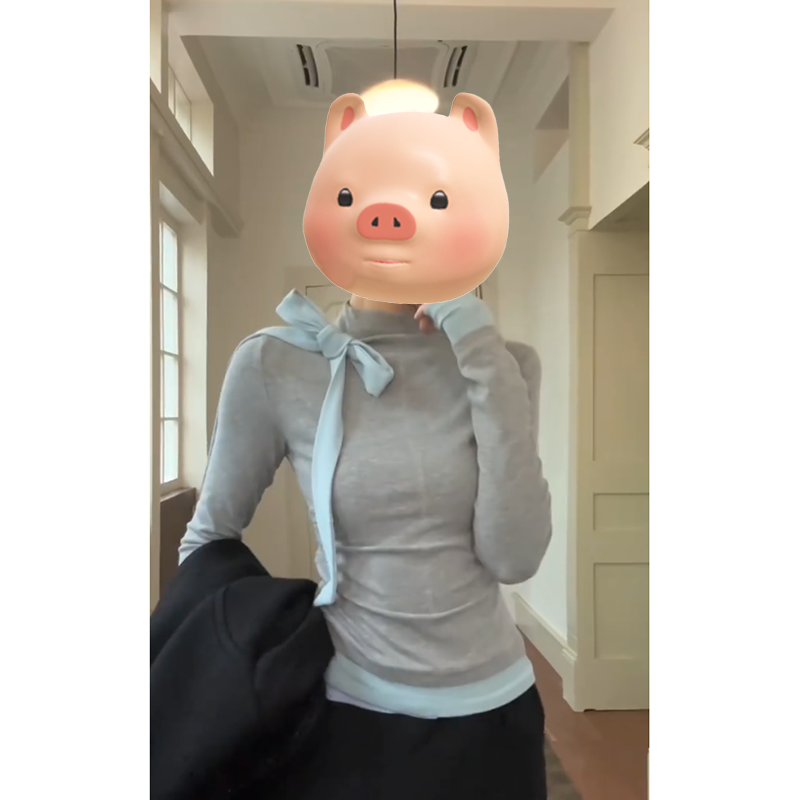 法式蝴蝶结系带灰色长袖T恤女2025初早春新款修身显瘦打底衫上衣