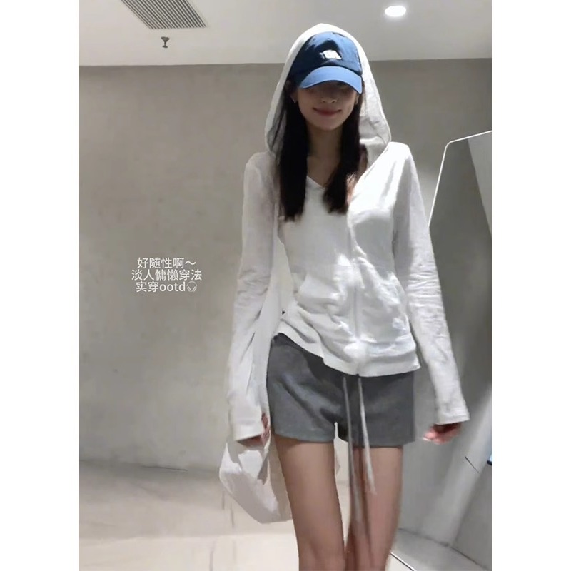 白色连帽冰丝开衫外套女夏季