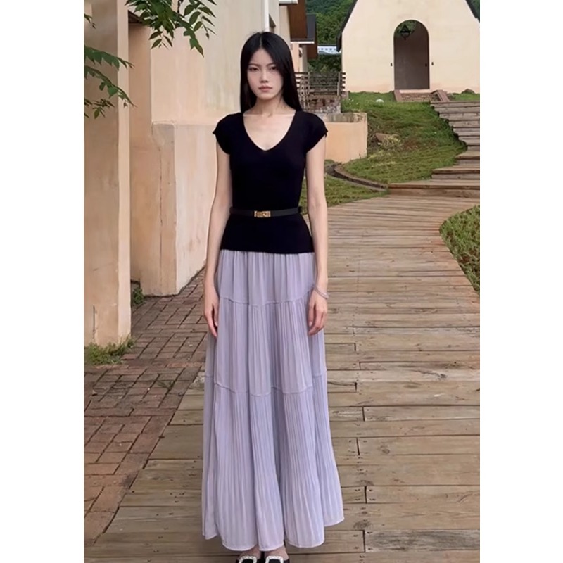 黑色V领正肩冰丝针织短袖T恤女夏季独特漂亮掐腰修身显瘦短款上衣