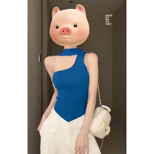 藍色不規則飄帶冰絲針織掛脖針織背心女夏季 辣妹短款 無袖 上衣 修身