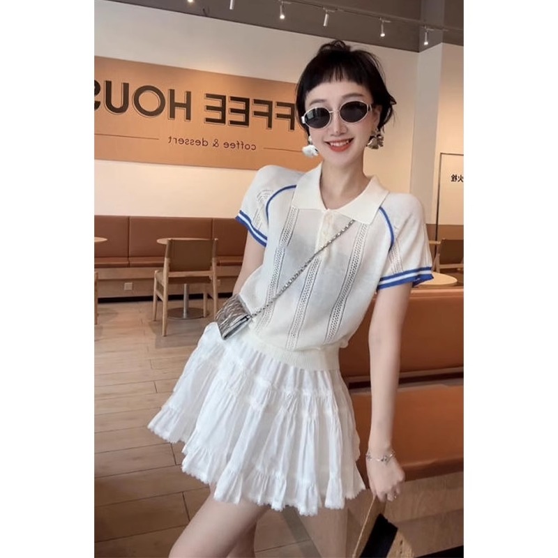 美式正肩翻领针织短袖T恤女夏季2025新款爆款修身显瘦polo衫上衣