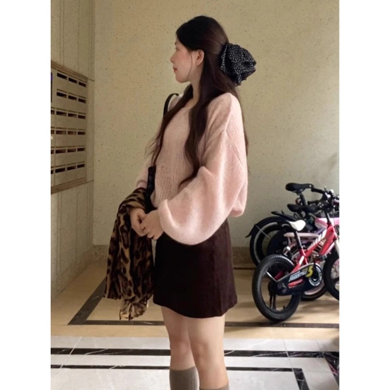 粉色马海毛毛衣半身裙子两件套装