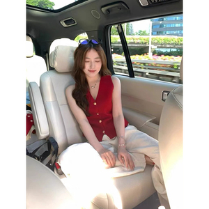 小香风红色V领吊带背心女夏外穿设计感小众修身无袖坎肩马甲上衣