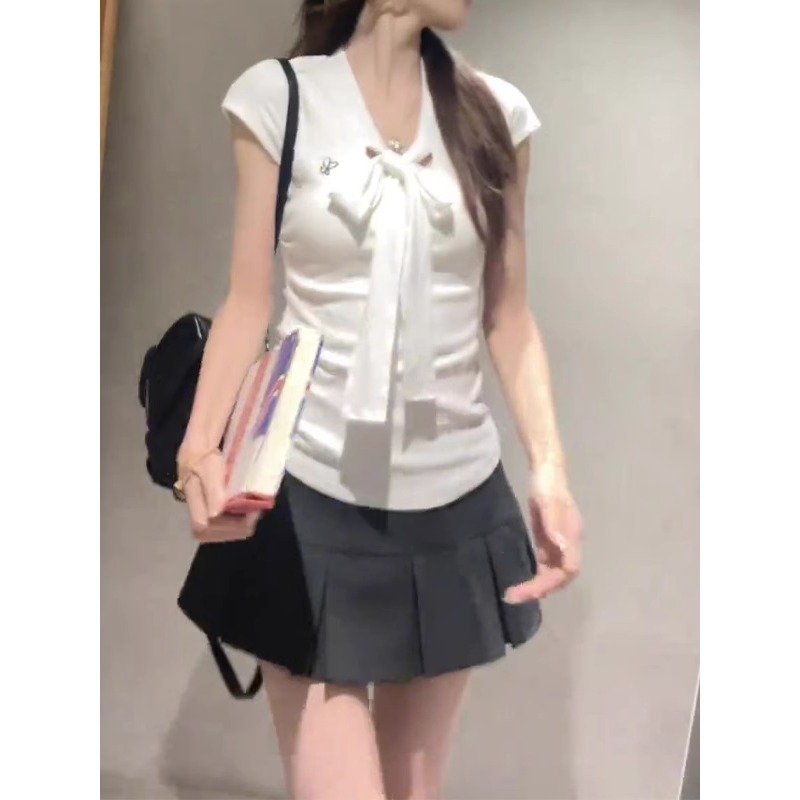 美式复古学院风正肩白色短袖T恤