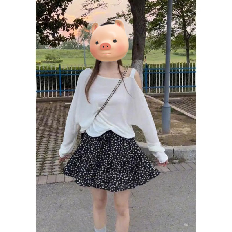 白色斜肩长袖防晒T恤女夏季薄款外搭宽松显瘦罩衫露肩空调衫上衣
