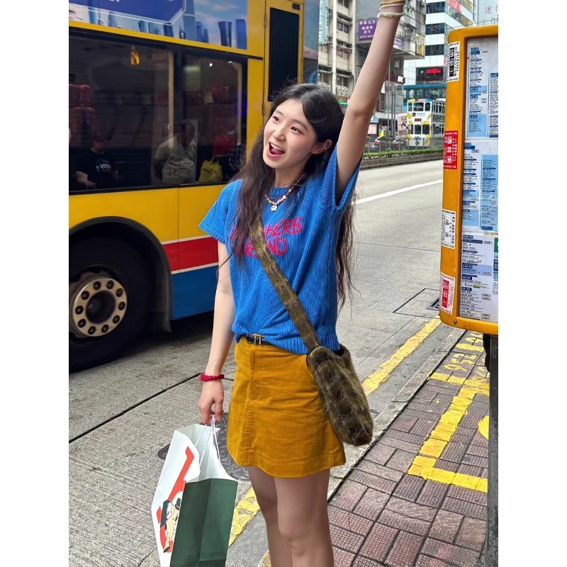 美式复古字母蓝色正肩冰丝针织衫女夏季修身短款圆领短袖T恤上衣