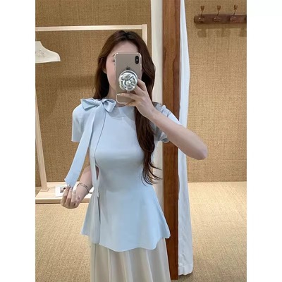 法式甜美蝴蝶结蓝色正肩冰丝针织短袖T恤女夏季修身显瘦收腰上衣