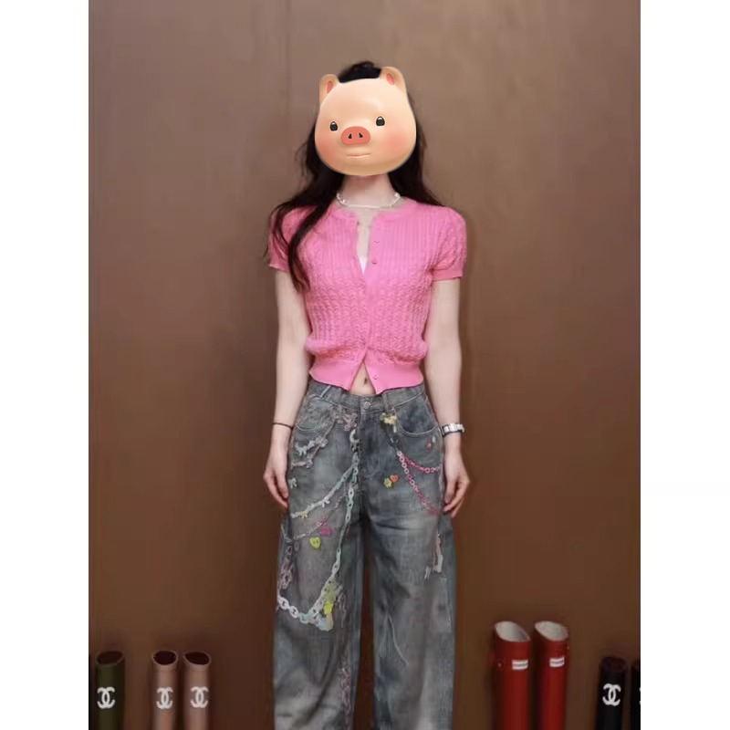粉色麻花冰丝针织短袖T恤女夏季多巴胺穿搭修身辣妹短款开衫上衣