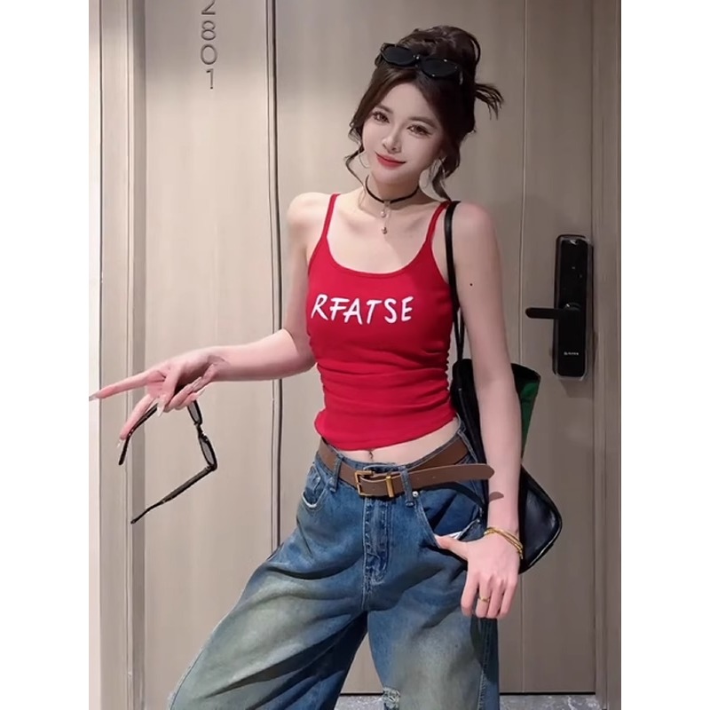 美式辣妹字母印花带胸垫红色吊带背心女夏季外穿修身短款无袖上衣