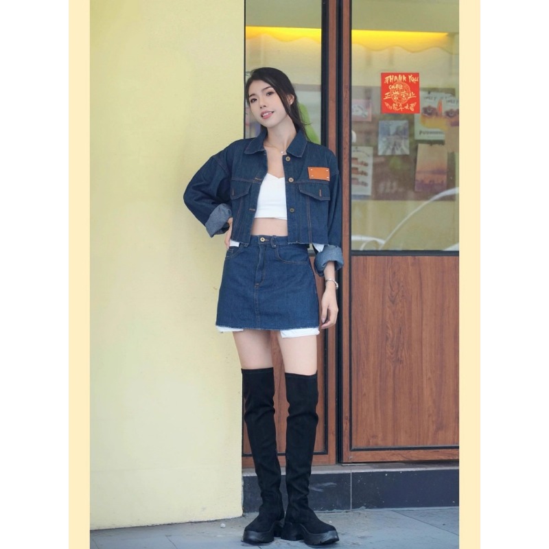 漂亮早秋牛仔外套半身裙子两件套