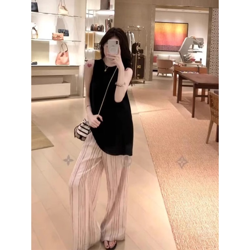 法式天丝亚麻黑色圆领背心女夏外穿宽松显瘦无袖中长款简约风上衣