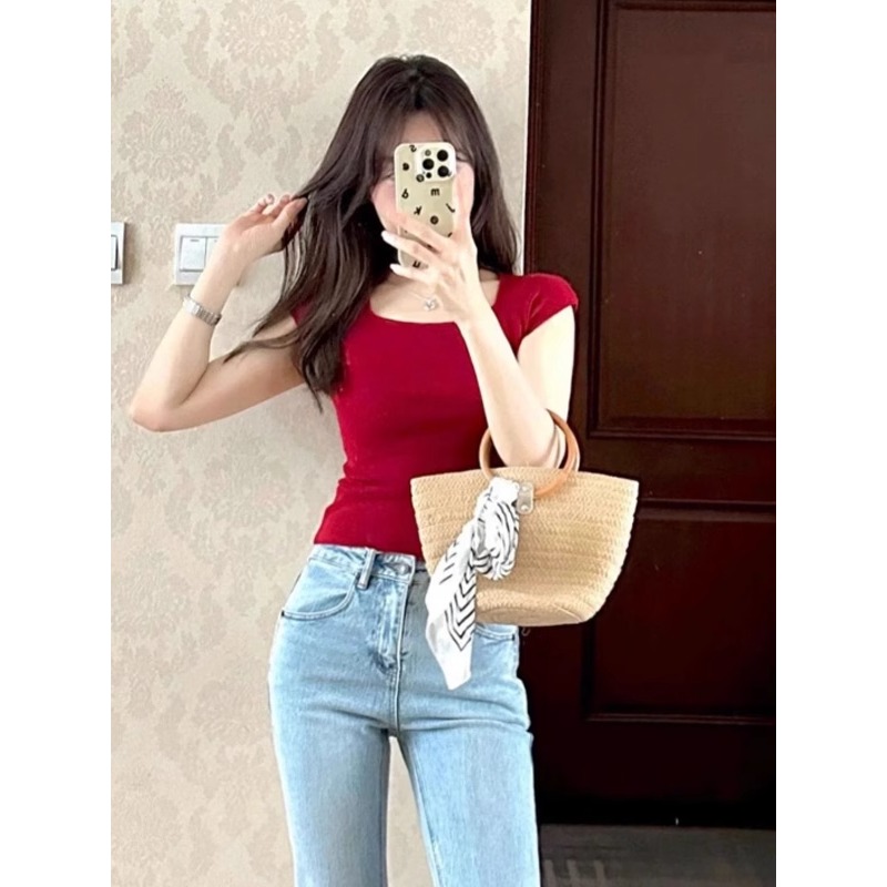 红色方领正肩冰丝针织短袖T恤女夏季小个子修身短款法式小资上衣
