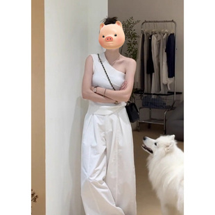 短款 上衣 不規則斜肩冰絲亞麻針織背心女夏外穿設計感小眾修身 法式