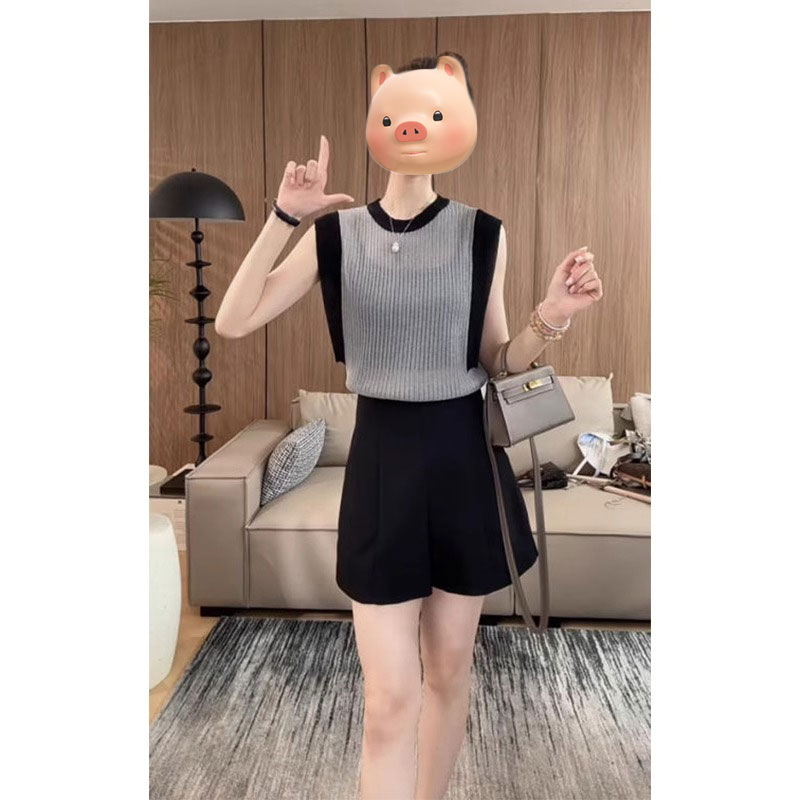撞色拼接镂空冰丝亚麻针织衫女夏季外穿薄款宽松显瘦无袖背心上衣