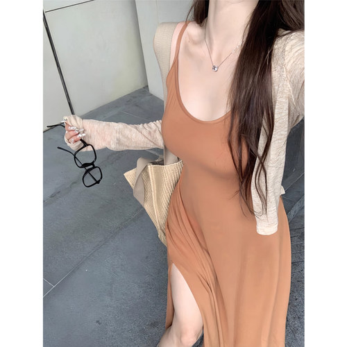 孕妇v领吊带裙两件套开叉裙