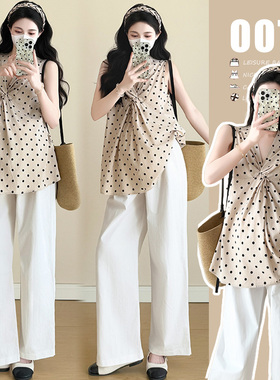 孕妇套装夏季新款圆点扭结背心上衣白色抽绳阔腿裤时尚减龄两件套