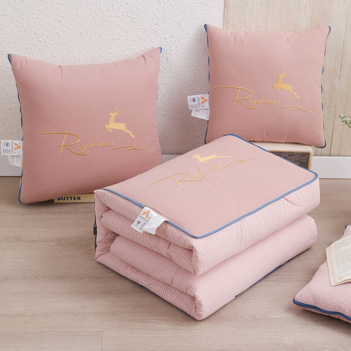 全棉色织抱枕被子两用2026新款车用折叠二合一办公室沙发午睡枕头