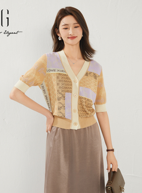 xg雪歌正品复古V领针织衫女2024夏新款休闲中袖毛衫XJ211025B309