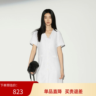 XG/雪歌26夏款白色V领短袖连衣裙女收腰直筒质感中裙XL204024A251