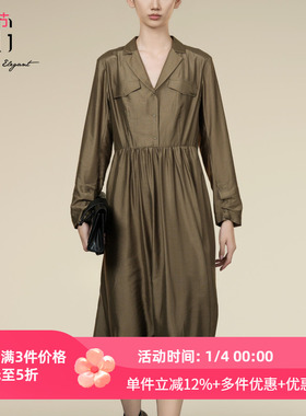 XG雪歌2025秋新款莫代尔棉翻领收腰连衣裙优雅中长裙XK304021A209