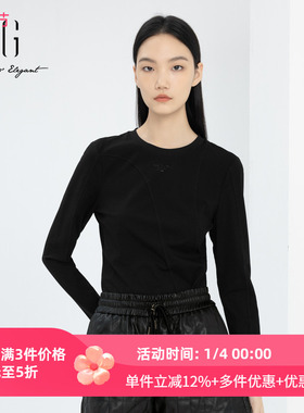 xg雪歌专柜正品黑色长袖T恤女2024春新百搭打底上衣XJ101007A190