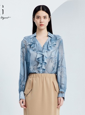 XG雪歌2024秋季新款复古翻边V领印花拼接长袖衬衫女XJ321005B397