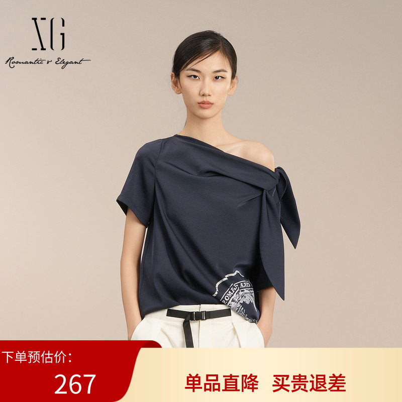 XG/雪歌25夏季新款气质一字领露肩短袖雪纺衫女上衣XK221014A628