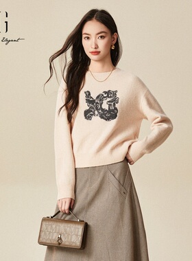 xg雪歌印花圆领毛衣女秋冬2024新款宽松显瘦毛针织衫XJ411061A408