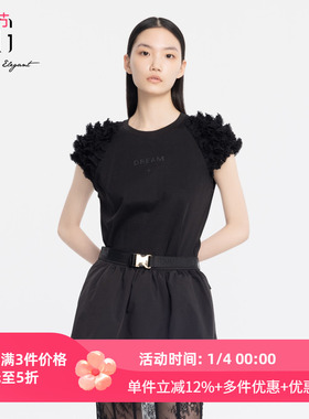 XG/雪歌黑色T恤女短袖套头2025夏季新款休闲文艺上衣XJ201030A790