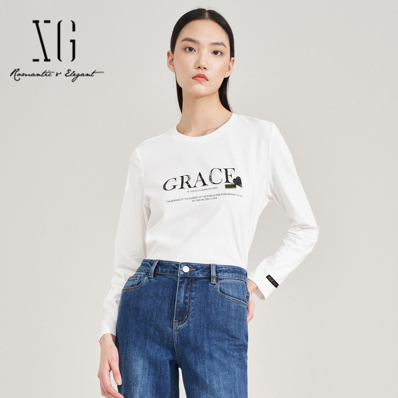 xg雪歌官方旗舰店t恤女长袖2023秋新款印花套头上衣xi301020a491