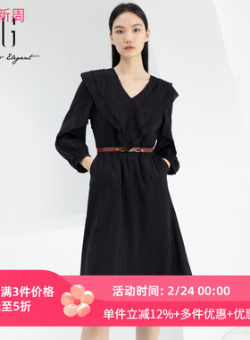 xg雪歌专柜正品设计感双V领黑色长袖连衣裙中长款XJ104024A190