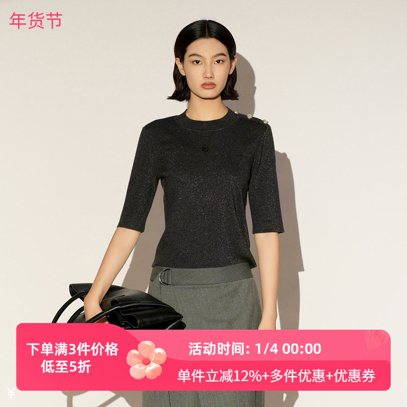 XG/雪歌26春季新款黑色五分袖圆领针织衫女修身上衣XL111034A384