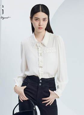 雪歌知性气质衬衫女2024秋季新款白色衬衣木耳边上衣XJ321011A251