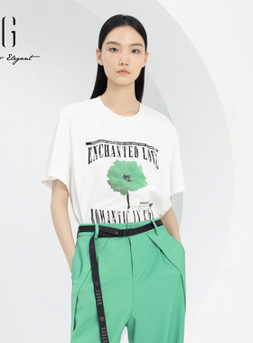 xg雪歌字母印花T恤女白色短袖2024春季新款休闲上衣XJ101008A451