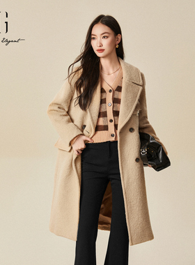 雪歌2024冬季新款大衣时尚卡其色翻领长款毛呢外套女XJ410062A373