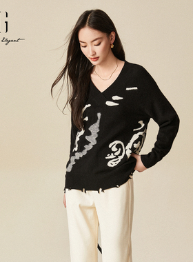 XG雪歌2024冬季新款黑色绣花厚款绵羊毛套头针织衫女XJ411077B693